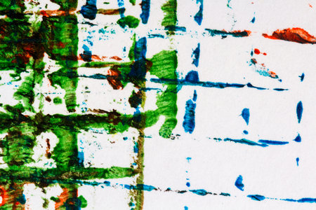 Closeup view of abstract hand painted mainly green acrylic art background on paper texture. Fragment of artworkの写真素材