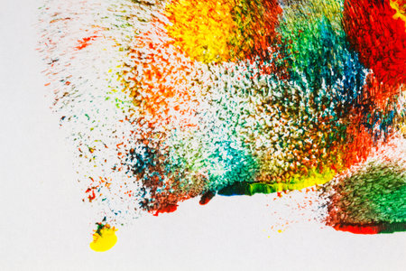 Abstract vibrant acrylic art background. Multicolor light and bright texture. Fragment of artwork. Spots of acrylic paint. Modern contemporary art.の写真素材