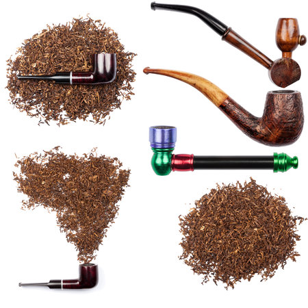 Collection of smoking pipes and tobacco isolated on white backgroundの写真素材