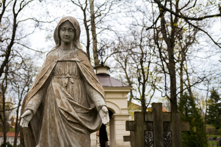 Statue of Virgin Mary at Rasu cemetery in Vilnius, Lithuaniaの写真素材