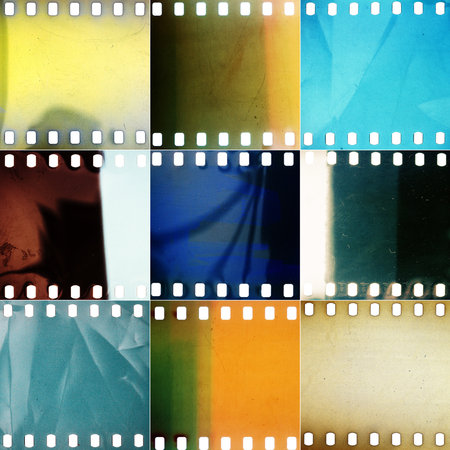 Set of various colorful grained perforated film textures with dust and light leaksの写真素材