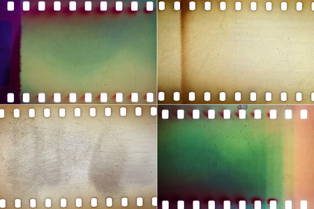 Set of colorful grungy film textures with lots of grain, dust, scratches and light leaksの写真素材
