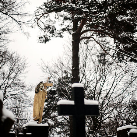 Statue of Jesus Christ at Rasu cemetery in Vilnius, Lithuaniaの写真素材