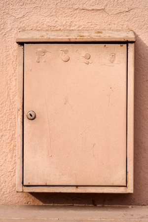 Closeup of metal mailbox hanging on beige cement wall with keyhole