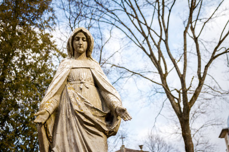 Statue of Virgin Mary at Rasu cemetery in Vilnius, Lithuaniaの写真素材