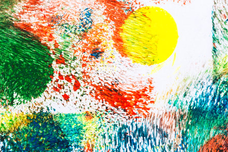 Abstract vibrant acrylic art background. Multicolor light and bright texture. Fragment of artwork. Spots of acrylic paint. Modern contemporary art.の写真素材