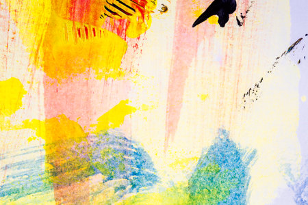 Closeup shot of abstract hand painted colorful acrylic art background on paper texture. Fragment of artworkの写真素材