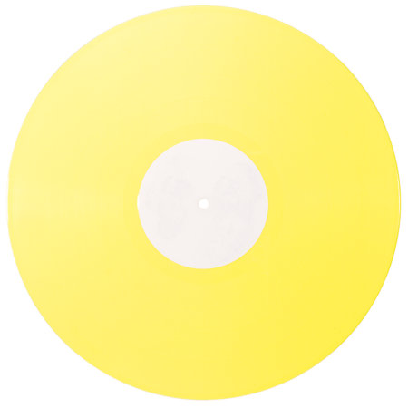 Yellow vinyl record disc with white paper label isolated on white background.の写真素材