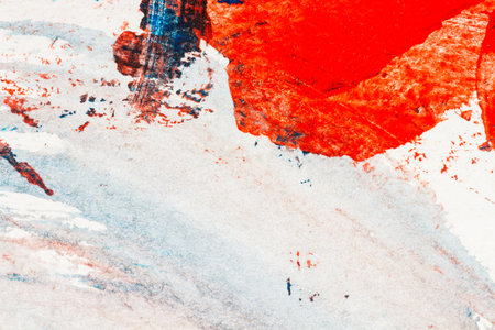 Abstract red and blue hand painted acrylic background, creative abstract hand painted colorful background, close up fragment of acrylic painting on paperの写真素材