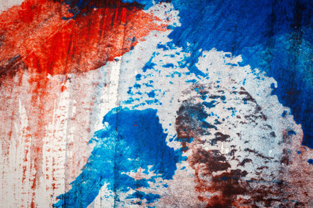 Abstract red and blue hand painted acrylic background, creative abstract hand painted colorful background, close up fragment of acrylic painting on paperの写真素材