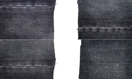 Collection of black jeans fabric textures isolated on white background. Rough uneven edges. Torn...