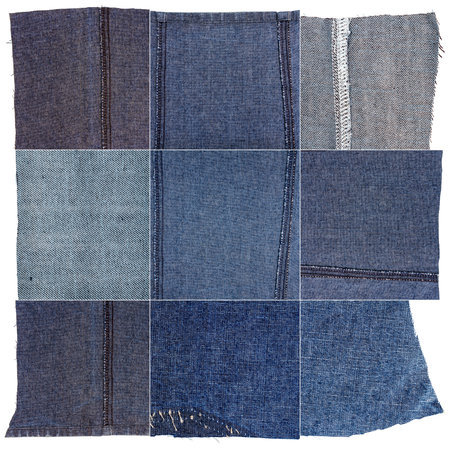 Collection of blue jeans textures isolated on white background. Rough uneven edges. Wrong side of...