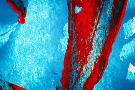 Abstract red and blue hand painted acrylic background, creative abstract hand painted colorful artwork, close up fragment of acrylic painting on paperの写真素材