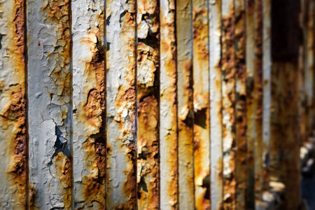 Close up of old rusty iron bridge railing. Peeling paint on metal.