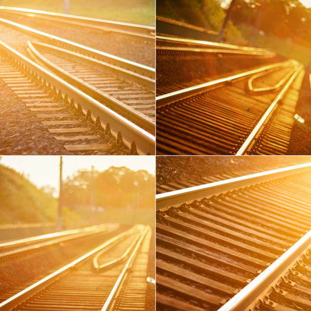 Collection of images with de focused curved railroad tracks in sunsetの写真素材