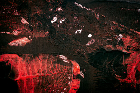 Brown and red hand painted acrylic background. Grunge acrylic texture with painted dots and brush strokes.の写真素材