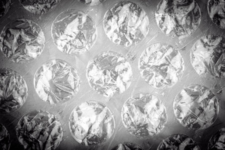 Close up of plastic protective bubble wrap texture, black and white image