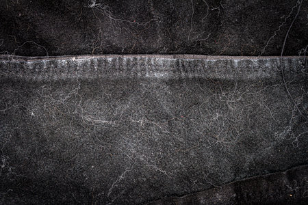 Crumpled black leather texture background. Abstract texture of leather with a seam. Back sideの写真素材