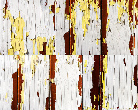 Collection of images with white peelin paint on grungy wooden planksの写真素材