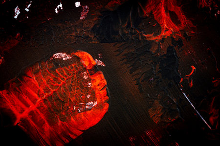 Black and red hand painted acrylic background. Grunge acrylic texture with painted dots and brush strokes.の写真素材