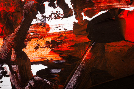 Black and red hand painted acrylic background. Grunge acrylic texture with painted dots and brush strokes.の写真素材