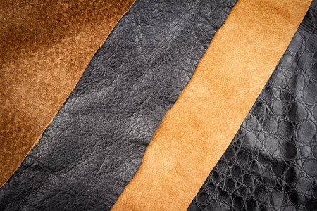 Brown and black leather and artificial alligator skin textures background.の写真素材