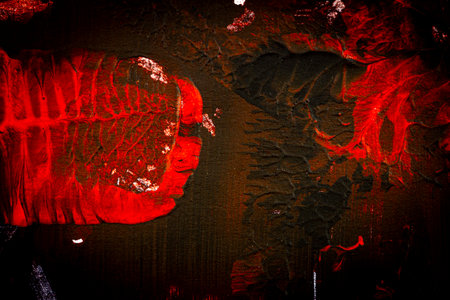 Black and red hand painted acrylic background. Grunge acrylic texture with painted dots and brush strokes.の写真素材