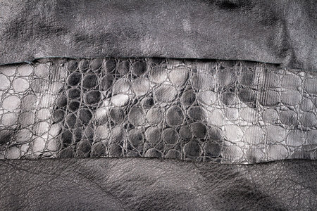 Black leather and fake artificial alligator skin textures background.
