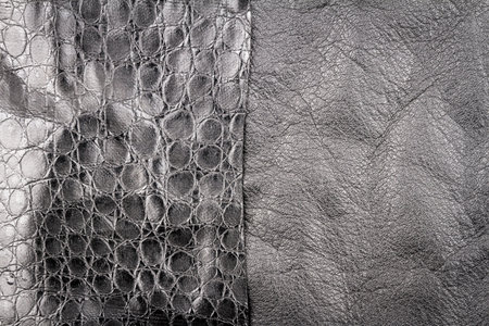 Black leather and fake artificial alligator skin textures background.