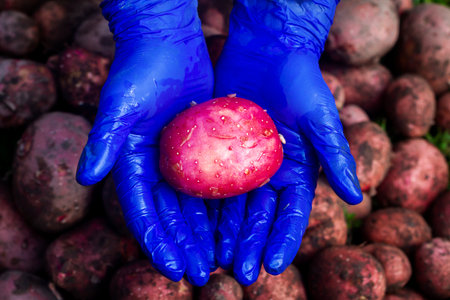 Fresh washed red potatoe in female farmer's hands. Organic potato harvest in garden.