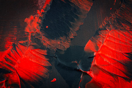 Black and red hand painted acrylic background. Grunge acrylic texture with painted dots and brush strokes.の写真素材