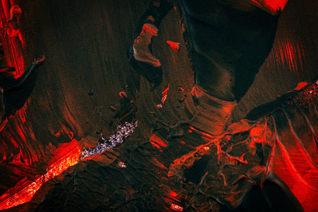 Black and red hand painted acrylic background. Grunge acrylic texture with painted dots and brush strokes.の写真素材