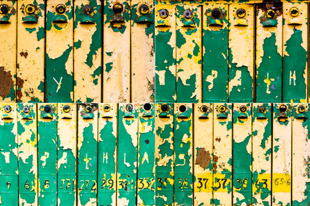 Collection of images with old weathered colorful iron mailboxesの写真素材