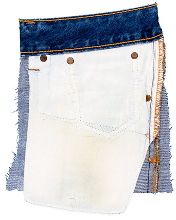 Piece of blue jeans fabric isolated on white background. Rough uneven edges. Denim jeans torn. Wrong...