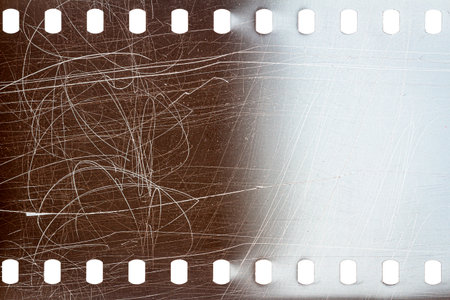 Dusty and grungy 35mm film texture or surface. Perforated camera film isolated on white background.の写真素材