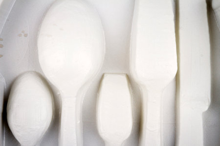 Close up of white empty paper cutlery boxの写真素材