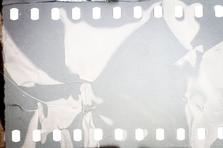 Dusty and grungy 35mm film texture or surface. Perforated camera film isolated on white background.の写真素材