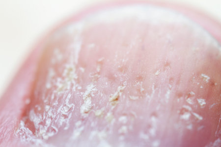 Extreme close up of psoriasis at the nail. Psoriasis is an autoimmune disease that affects the skin and nails. Selective focus.の写真素材