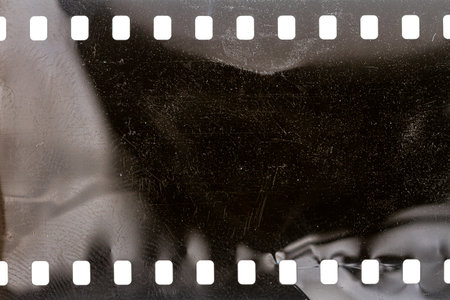 Dusty and grungy 35mm film texture or surface. Perforated scratched camera film isolated on white background.の写真素材