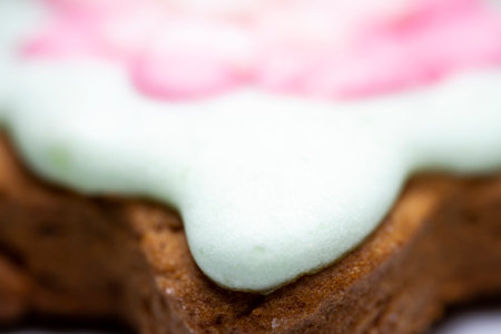 Extreme macro of glazed gingerbread cookie. Selective focus, shallow depth of field.の写真素材