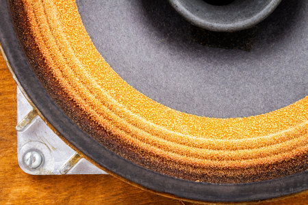 Close up of old full range driver in vintage speaker