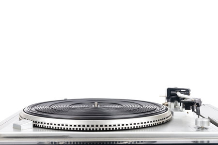 Close up of vintage turntable vinyl record player. Retro audio equipment.の写真素材