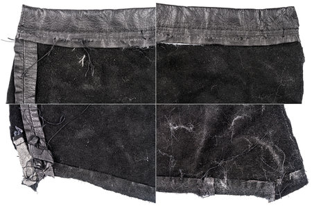 Collection of black leather textures isolated on white background. Rough uneven edges. Rectangular composite image of leather texturesの写真素材