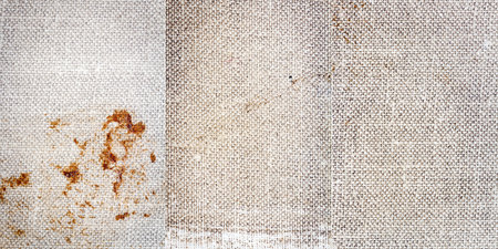 Collection of images with old stained white cloth book cover textures background. Close up of the...