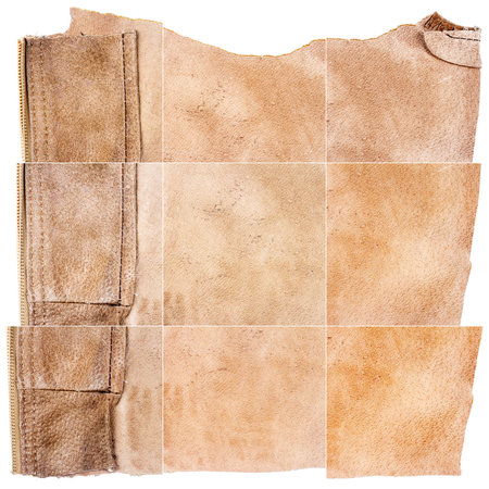 Collection of brown leather textures isolated on white background. Rough uneven edges. Square...