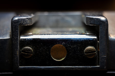 Macro of retro photo camera detail. Selective focus. Shallow depth of field.の写真素材