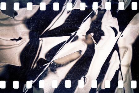 Dusty and grungy 35mm film texture or surface. Perforated scratched camera film isolated on white background.の写真素材