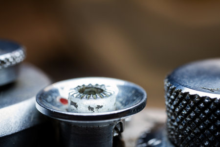 Macro of retro photo camera detail. Selective focus. Shallow depth of field.の写真素材