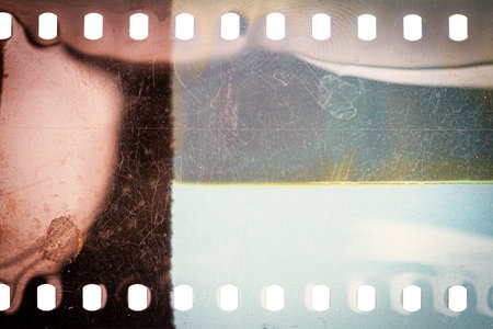 Dusty and grungy 35mm film texture or surface. Perforated scratched camera film isolated on white background.の写真素材