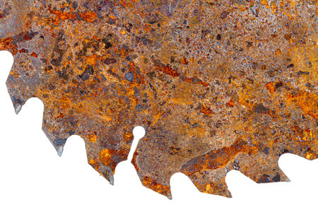 Part of old rusty circular saw blade for wood work isolated on white background.の写真素材